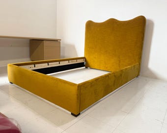 Custom Swirl Velvet Platform Bed Frame | Upholstered Modern Bedroom Furniture