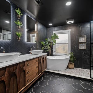 K&ouml;nnte beinhalten: Ein modernes Badezimmer mit schwarzen Fliesenw&auml;nden, einer freistehenden wei&szlig;en Badewanne und einem Doppelwaschtisch mit einer Holztheke und zwei wei&szlig;en Waschbecken. Das Badezimmer verf&uuml;gt &uuml;ber ein gro&szlig;es Fenster, eine Dusche mit Glast&uuml;r und eine goldene Leiter.