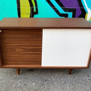 4 ft Mid Century White Lacquered Walnut Credenza