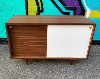 4 ft Mid Century White Lacquered Walnut Credenza