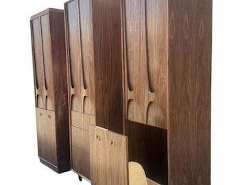 26" Brasilia Style Linen Cabinet – Tall Mid Century Walnut Storage Cabinet with Sculpted Doors