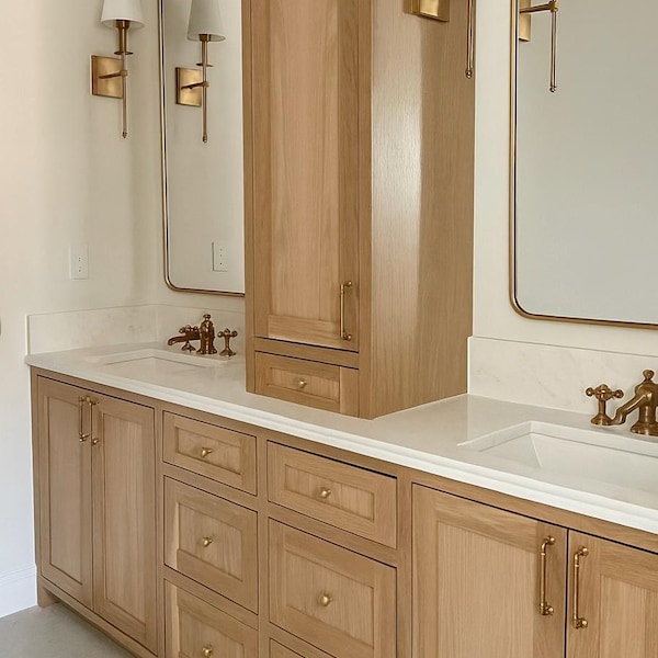 86" White oak shaker style double sink vanity | 6 center drawers | Tower Seperate
