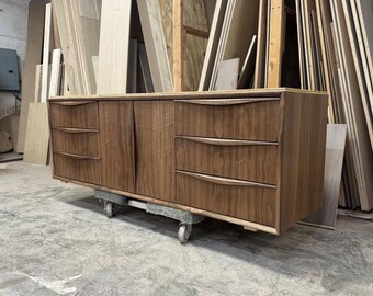 68" Mid Century Walnut Floating Vanity | Sculptural Modern Wall Mounted Cabinet