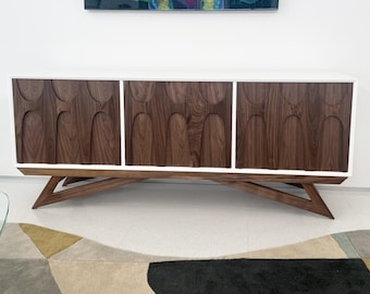 72 Brasilia Style Credenza | Walnut Arched Doors, Lacquered Cabinet, Mid Century Sideboard