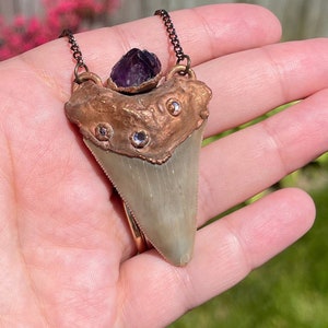 Fossil Great White Shark Tooth Necklace Pendant Jaws Amethyst Crystal Purple Swarovski Crystals Wearable Art