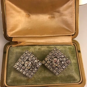 Rhinestone Diamond Square Clip On Earrings Old Hollywood Red Carpet Wedding Earrings