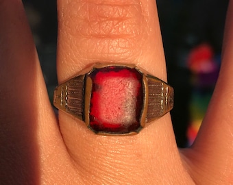 Red Glass Antique Silver Plated Brass Unisex Ring Circa 1700s