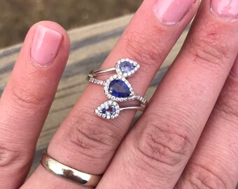 Natural Tanzanite Pear Cut 3 Stone Ring: Sterling Silver White Topaz