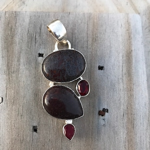 Dinosaur Bone and Garnet Gemstone Large Statement Pendant Sterling Silver