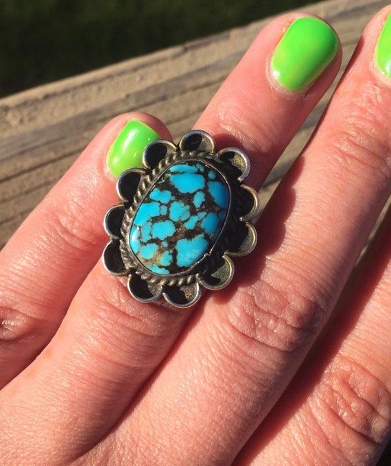 Native American Turquoise Flower Design Ring Silv… - image 1