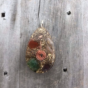 Orgonite Pendant: Red Jasper, Jade, Amethyst, Quartz, Copper Spiral