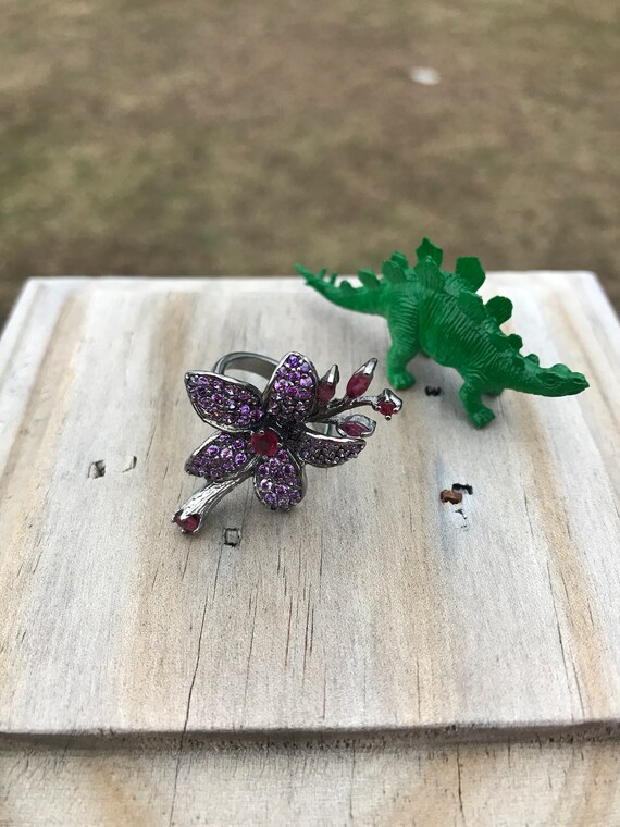 Oxidized Sterling Flower Ring: Amethyst, Ruby, St… - image 8