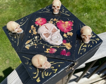 Memento Mori Skull Jewelry Box: Gothic Roses & 24k Gold Art