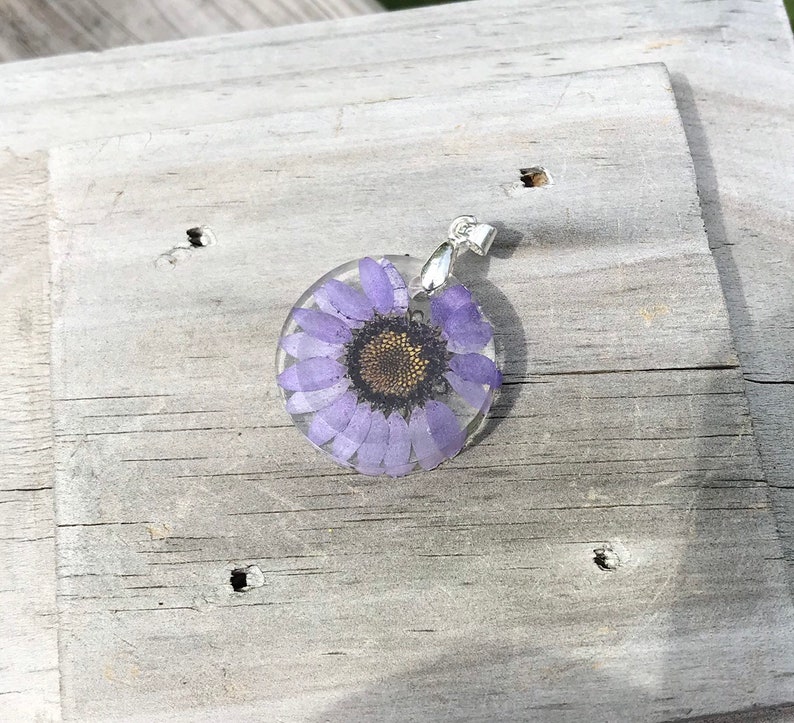 Real Dried Flower Pendant Purple Daisy Preserved Flower in Resin Black Cord Necklace Sterling Silver