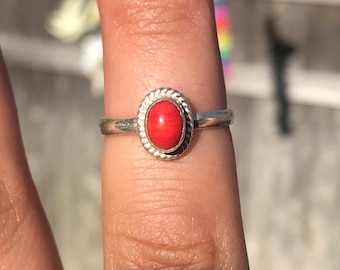 Natural Red Coral Silver Ring Solitaire Ring Stackable