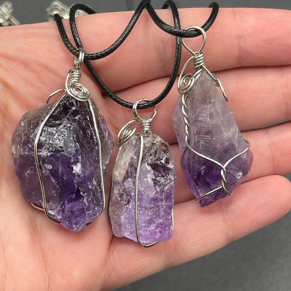 Raw Amethyst Crystal Necklace Healing Crystal Simple Wire Wrapped Natural Amethyst Pendant