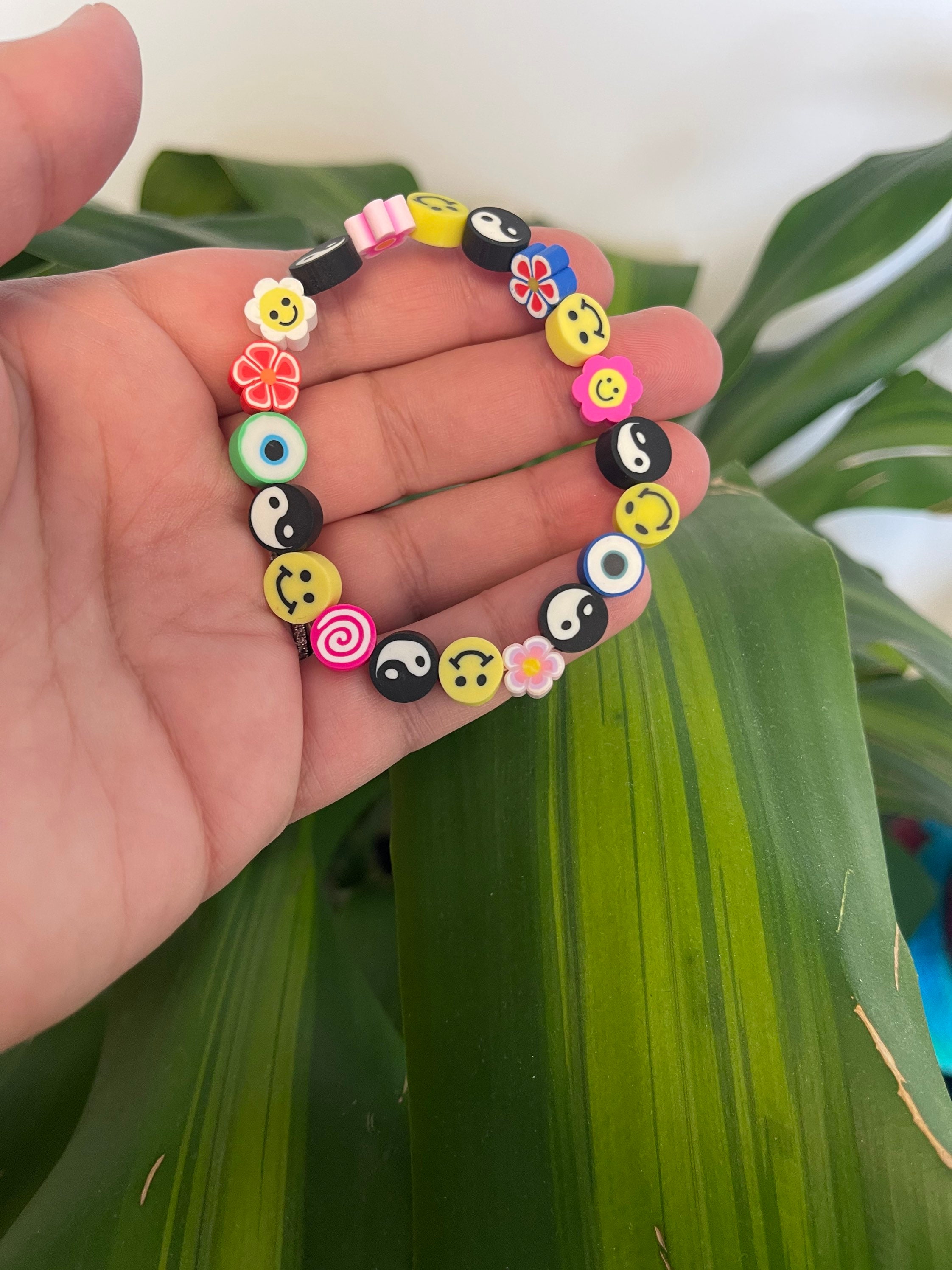 90s Y2k Bracelet Beaded Fimo Clay Beads Smiley Face Yin Yang 