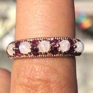 Natural Moonstone and Rhodolite Garnet Sterling Silver Band Rose Gold Plated