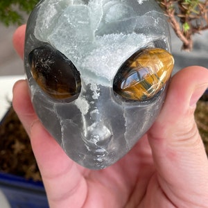 Peut inclure: Une sculpture de tête d'extraterrestre en pierre grise avec deux grands yeux en pierre de œil de tigre.