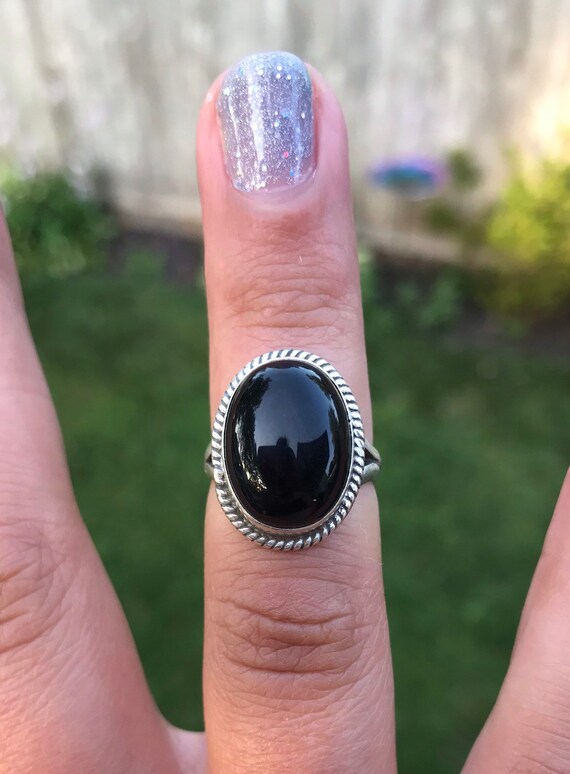 Black Onyx Cabochon Sterling Silver Statement Rin… - image 1