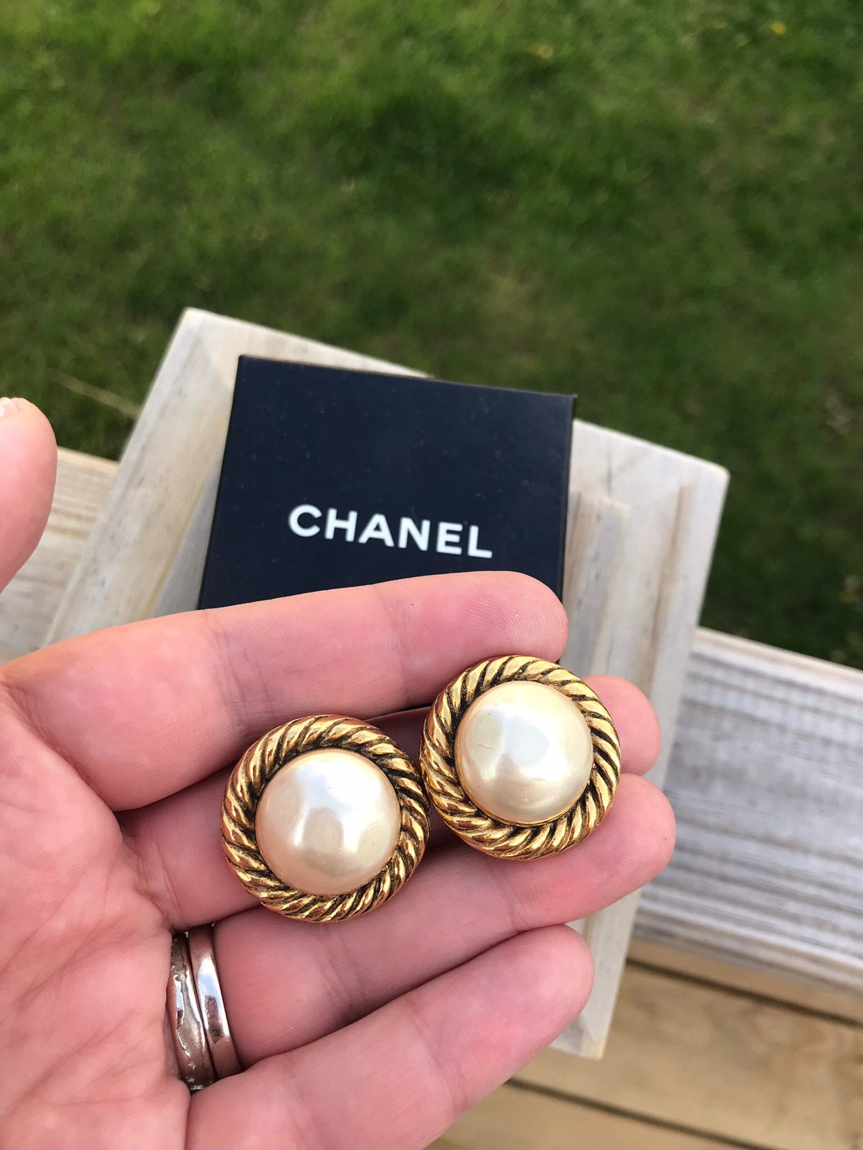Chanel Vintage Gold Metal and Pearl Cabochon Round Clip On