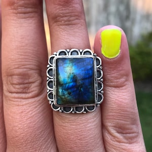 Vintage Labradorite Sterling Silver Ring - Size 8.25