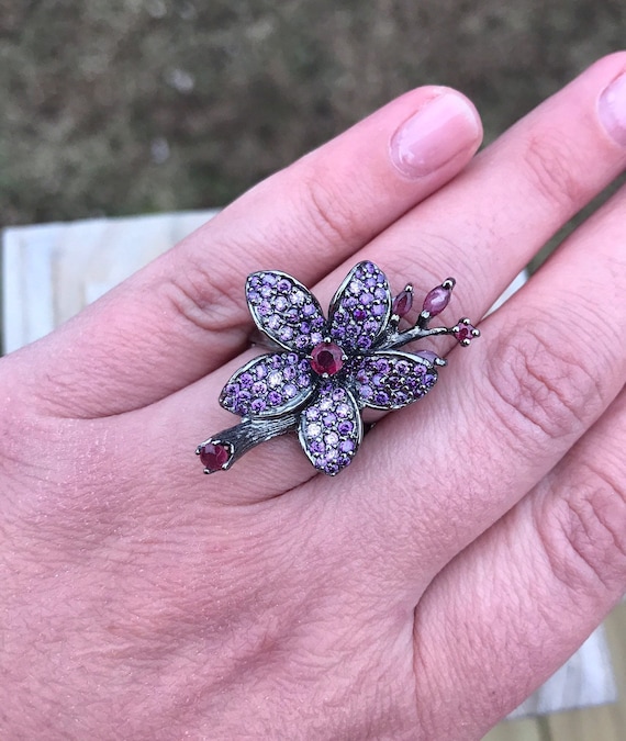 Oxidized Sterling Flower Ring: Amethyst, Ruby, St… - image 1