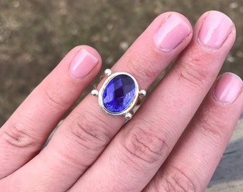 Purple Glass Checkerboard Cut Vintage Statement Ring 925 Sterling Silver