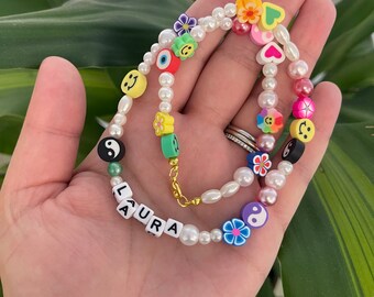 Custom 90’s Y2K Necklace Fimo Clay Beads Faux Pearls Box Letters Kandi Necklace
