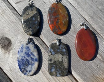 Natural Stone Crystal Pendant Necklace: Silver Bail Worry Stone