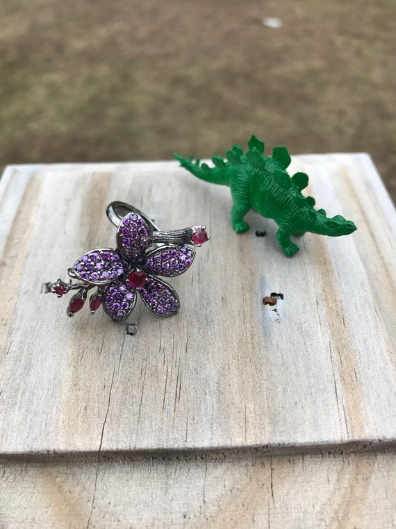 Oxidized Sterling Flower Ring: Amethyst, Ruby, St… - image 3