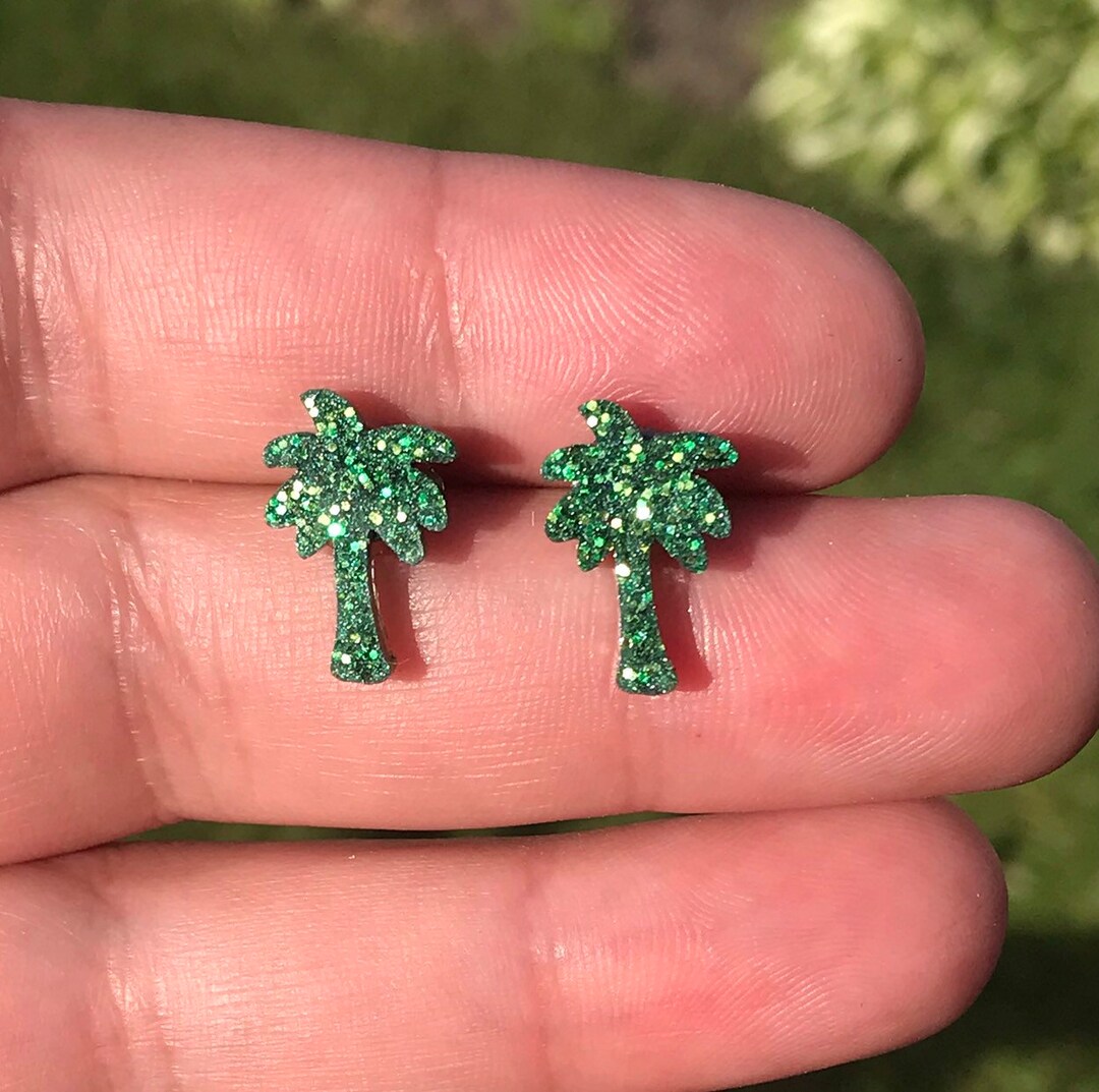 Palm Trees Green Glittery Palm Tree Stud Earrings Stainless Etsy