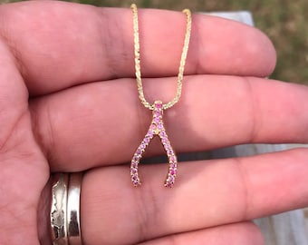 Wish Bone 14k Yellow Gold and Natural Pink Topaz Pendant and 14k Gold Chain