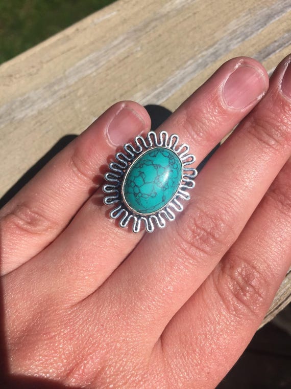 Vintage Turquoise Gemstone Sterling Silver Flower 