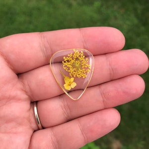 CUSTOM Yellow Flower Guitar Pick Real Tiny Flowers image 1