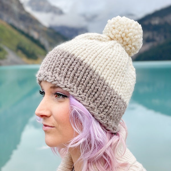 KNITTING PATTERN ** Snow Cap Hat, two-tone hat, knit hat, bulky knit hat, chunky knit hat, knit beanie, knit hat with pom pom, knit toque