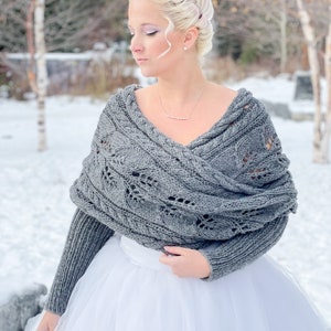 KNITTING PATTERN Wrapped Up in Cables Sweater Scarf, scarf with sleeves, sneed, lace scarf with sleeves, lace knit wrap, lace knit shawl image 1