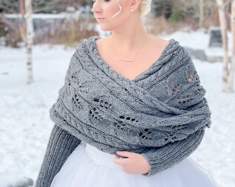 KNITTING PATTERN ** Wrapped Up in Cables Sweater Scarf, scarf with sleeves, sneed, lace scarf with sleeves, lace knit wrap, lace knit shawl
