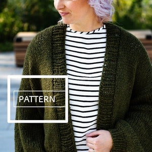 May include: A green knitted cardigan with a loose fit and long sleeves. The cardigan has a simple design with a V-neck and a button closure. The text "PATTERN" is visible on the image.