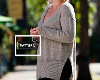 KNITTING PATTERN ** Side Split Pullover, long knit sweater, cozy knit sweater pattern, vneck knit pattern, vneck sweater pattern