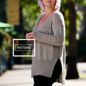 KNITTING PATTERN ** Side Split Pullover, long knit sweater, cozy knit sweater pattern, vneck knit pattern, vneck sweater pattern