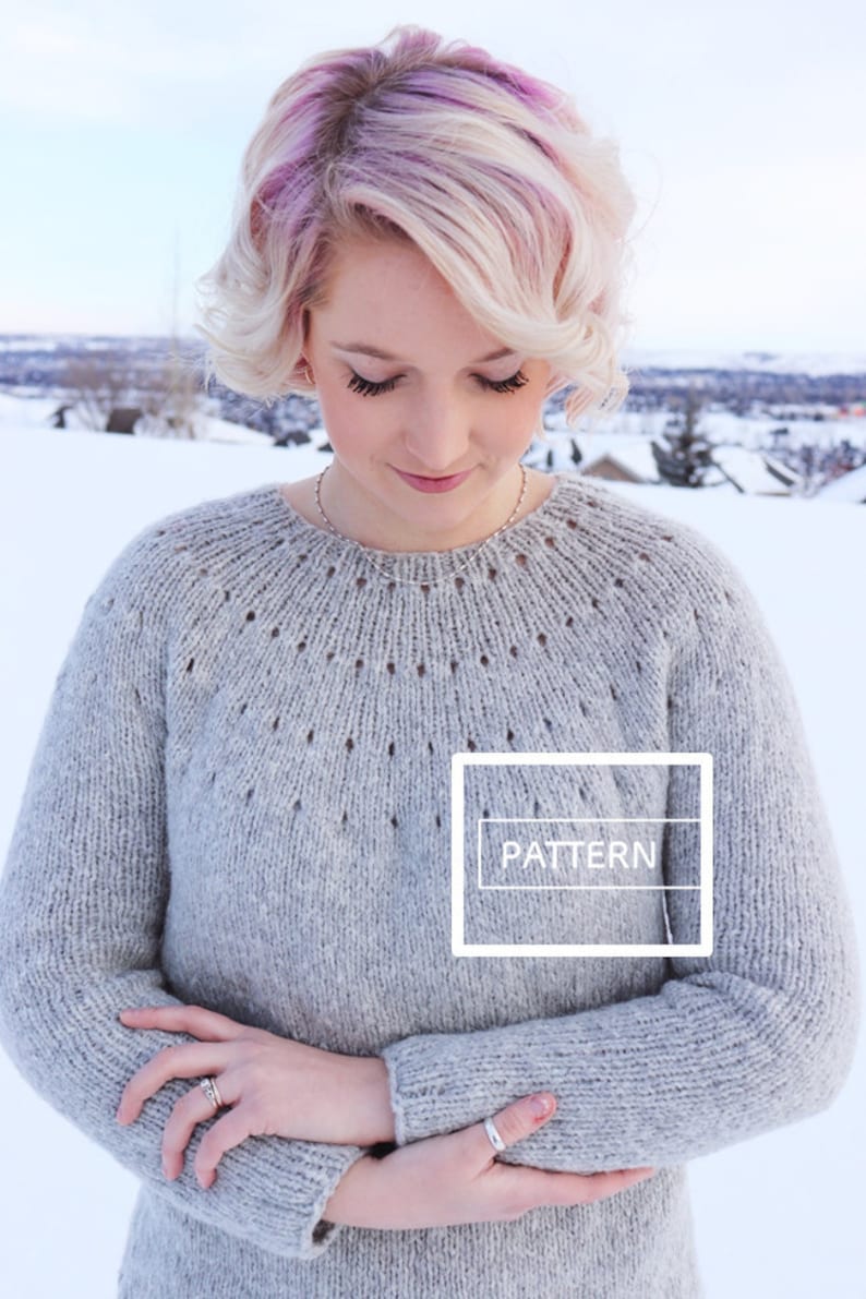 KNITTING PATTERN Easy Eyelet Yoke Sweater pattern, Beginner yoke sweater, beginner yoke knit, top down knit sweater, knit sweater diy image 1