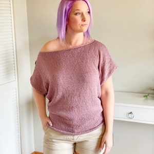 KNITTING PATTERN ** Summer slip tee, off the shoulder knit tee, off the shoulder top, funnel knit top, bottom up top, summer knit top