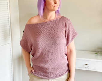 KNITTING PATTERN ** Summer slip tee, off the shoulder knit tee, off the shoulder top, funnel knit top, bottom up top, summer knit top