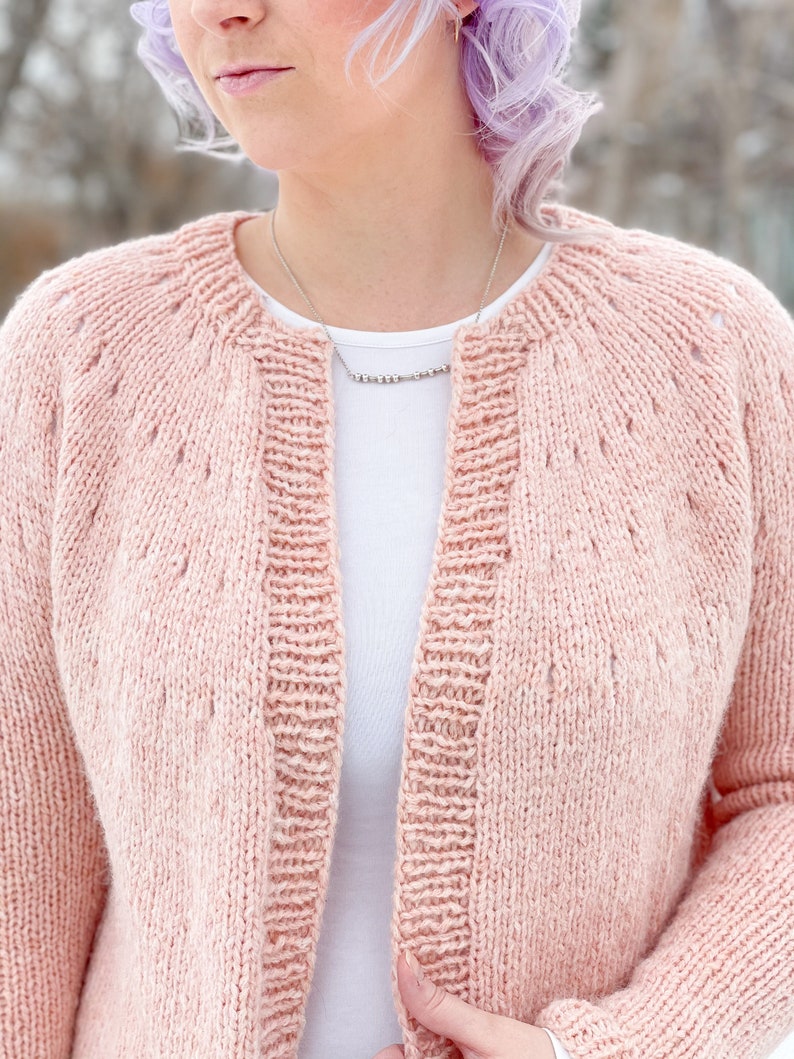 KNITTING PATTERN Easy Eyelet Yoke Cardigan, beginner cardigan, top down knit cardigan, cardigan knitting pattern, beginner knit cardigan image 6