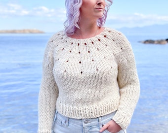 Even Easier Eyelet Yoke **KNITTING PATTERN ** top down sweater, beginner sweater, chunky knit sweater, chunky pullover, first knit sweater