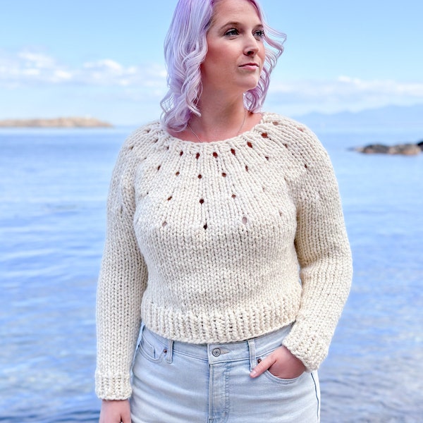 Even Easier Eyelet Yoke **KNITTING PATTERN ** top down sweater, beginner sweater, chunky knit sweater, chunky pullover, first knit sweater