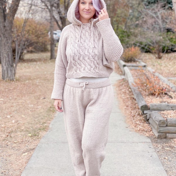 KNITTING PATTERN ** Cable Crush Joggers, knit joggers, knit pants pattern, knit sweatpants, cozy knit pants, size inclusive knit pants