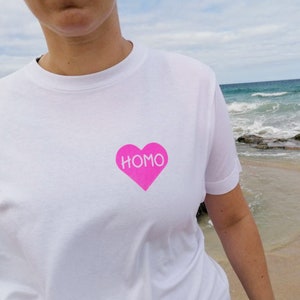 HOMO, fairtrade t-shirt, queer, gay, LGBT, printed by hand