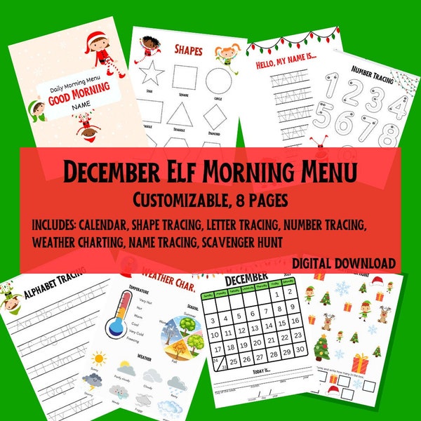 December Elf Homeschool morning menu educational learning morning work Christmas homeschooling resources for early elementary preschool